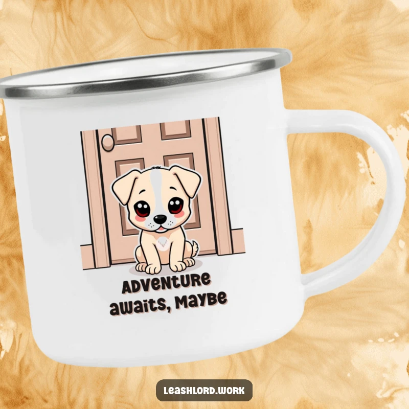 Funny camping mug with a dog sporting big, expressive dot eyes, patiently waiting by a door, perfect for humorous outdoor fun.