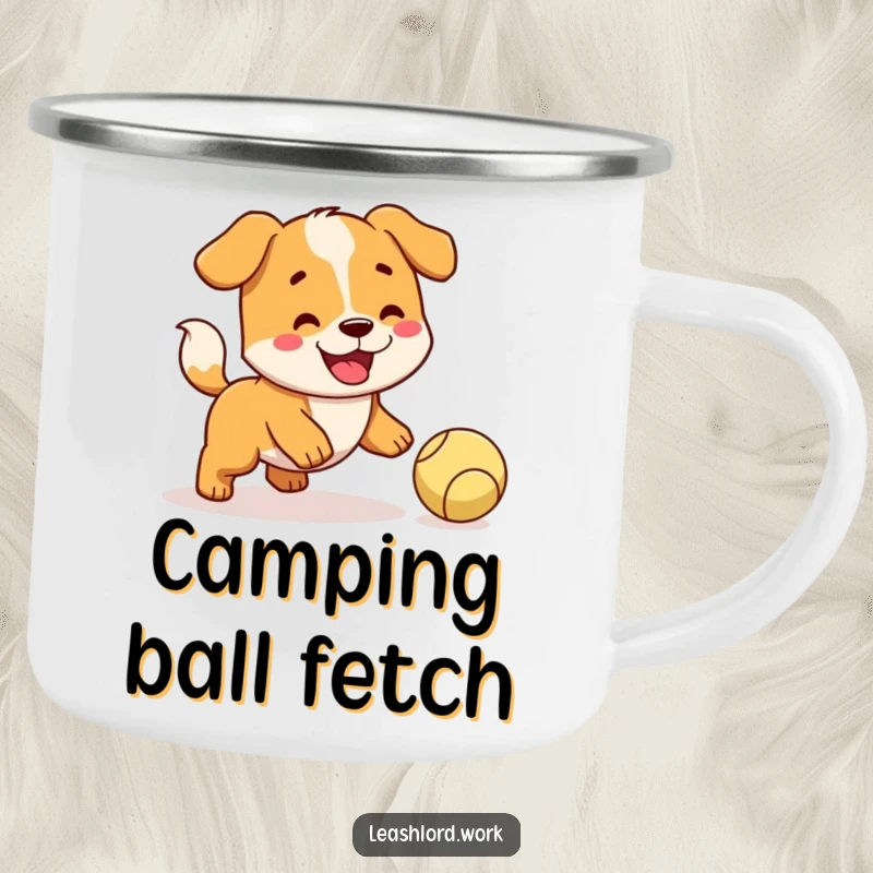 Funny Dog Camping Mug: A sturdy mug featuring a happy dog with a wagging tail, trying to fetch a ball outdoors.