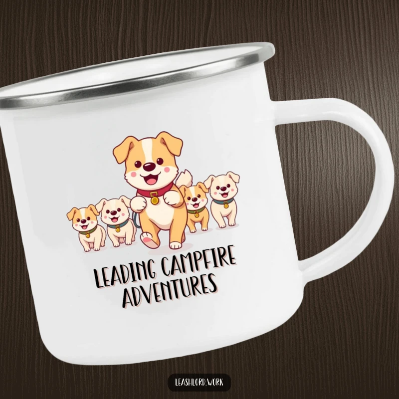 Funny camping mug showcasing a main dog walker leading a group of small, happy dog characters, perfect for dog-loving adventurers.