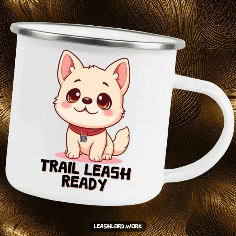 Funny Dog Camping Mug: A sturdy mug featuring a playful dog with eager eyes looking up at a leash, ready to explore.