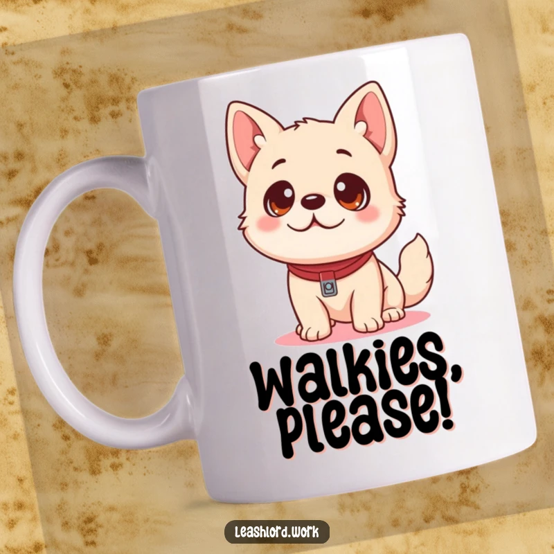 Funny Dog Mug: A cute dog with playful eyes looks up expectantly at a leash, ready for a walk.