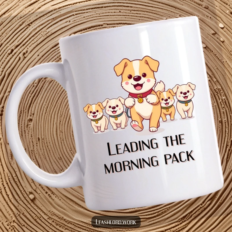 Funny mug showing a main dog walker happily leading a group of small, diverse, happy dog characters on leashes.