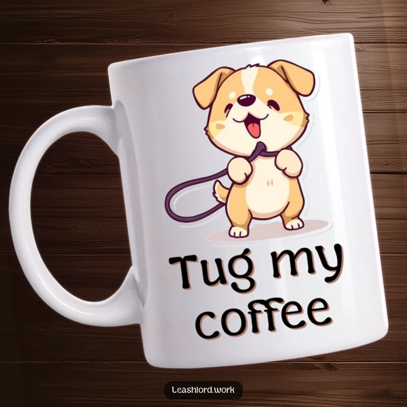 Funny Dog Mug: An energetic dog character with dynamic lines playfully tugs on a leash, ready for action.