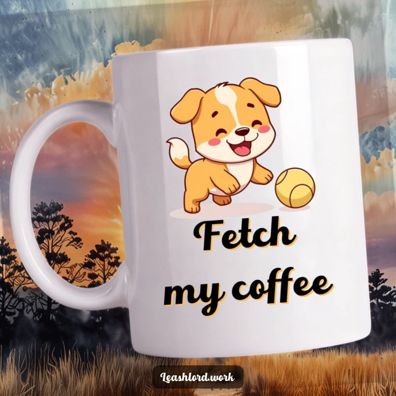 Funny Dog Mug: A happy dog with a wagging tail actively trying to fetch a ball, brimming with excitement.