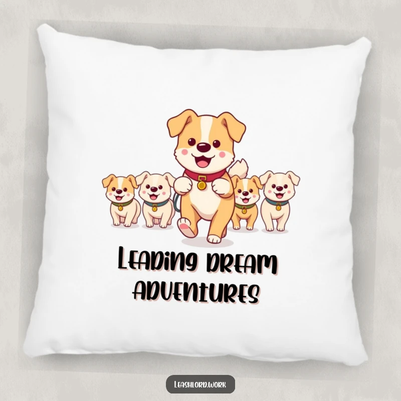 Funny pillow with a main dog walker leading a group of small, happy dog characters, soft and humorous decor.