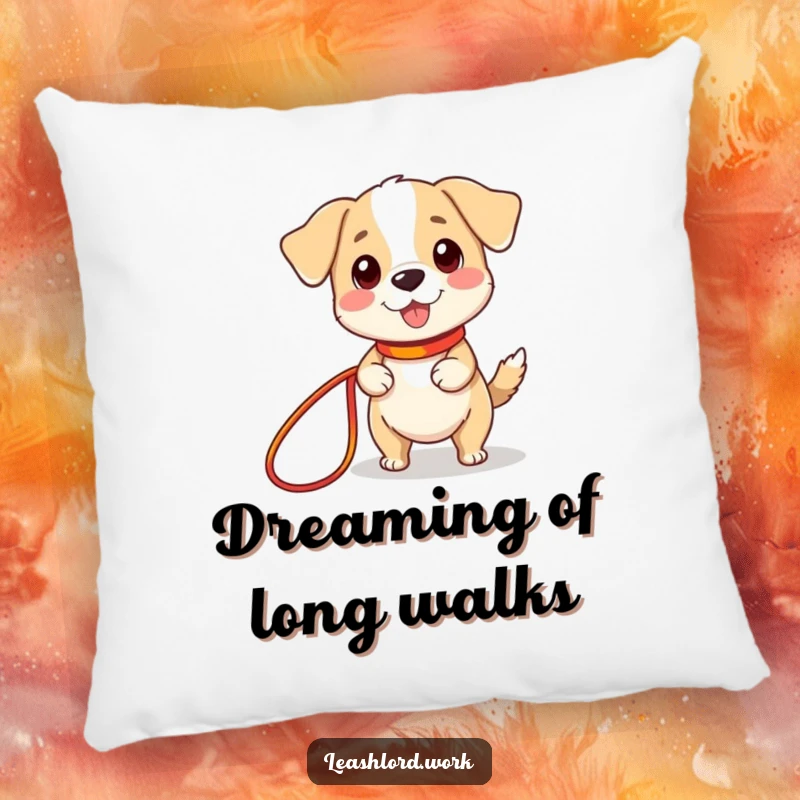 Funny pillow with a cute dog character having tiny legs, happily holding a long, colorful leash, soft and humorous decor.