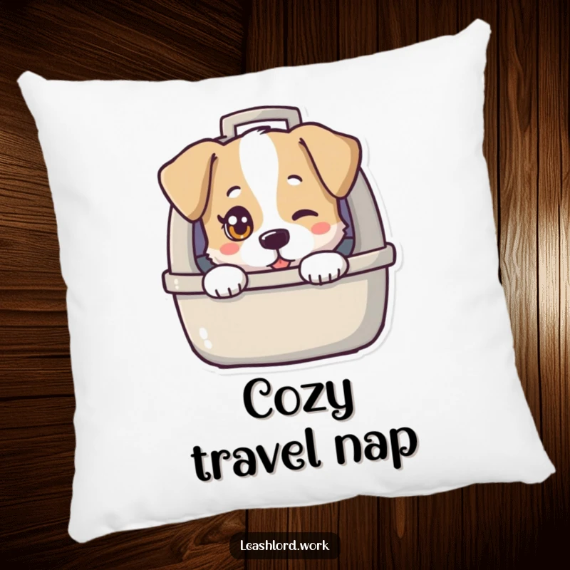 Funny pillow featuring a dog with a twinkling eye peeking out from a dog carrier, adding humorous comfort to any room.