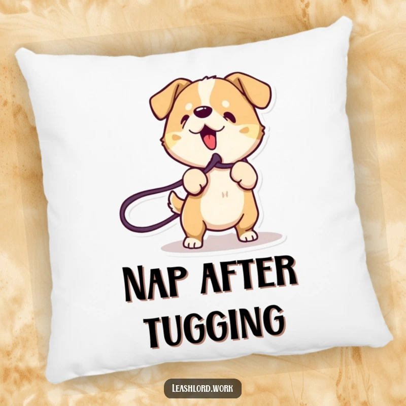 Funny Dog Pillow: A soft pillow featuring an energetic dog with dynamic lines playfully tugging on a leash.