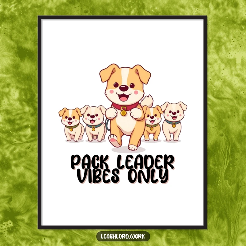 Funny digital art print of a main dog walker happily leading a group of small, happy dog characters, a whimsical and humorous illustration.