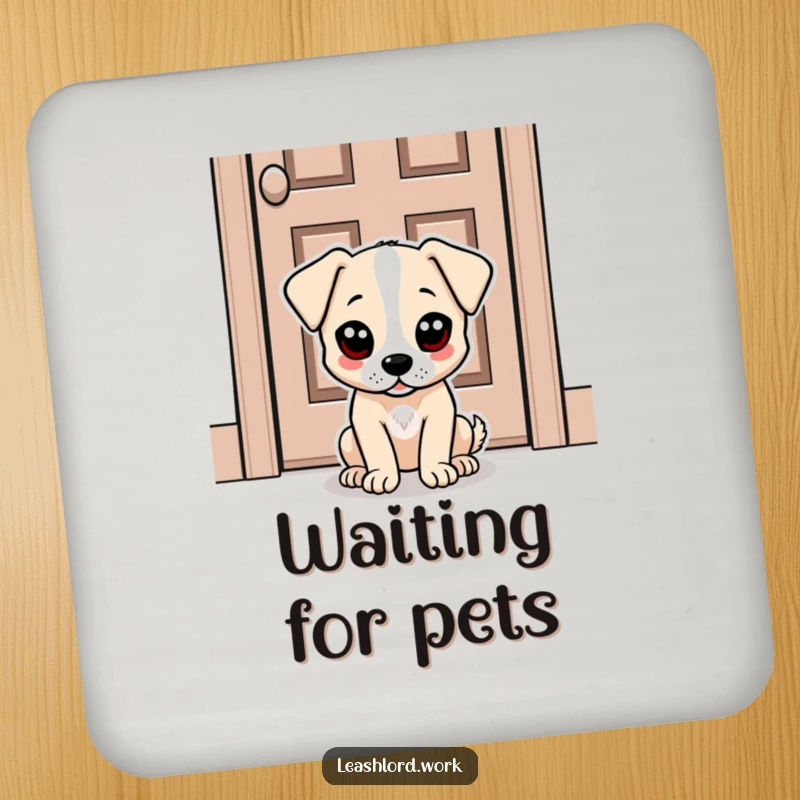 Funny drink coaster set featuring a dog with large, expressive dot eyes sitting patiently by a door, offering humorous surface protection.