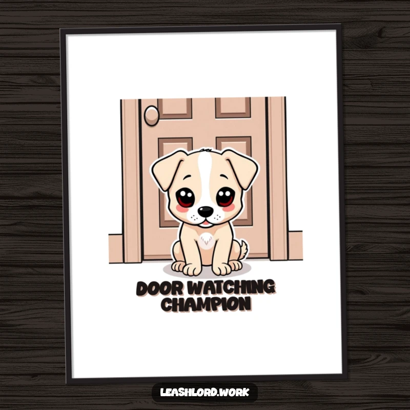 Funny poster showcasing a dog with large, comical dot eyes sitting patiently by a door, creating a humorous wall display.