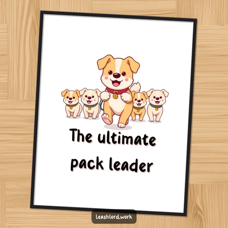 Funny poster art of a main dog walker happily leading a group of small, cheerful dog characters, a whimsical and humorous scene.
