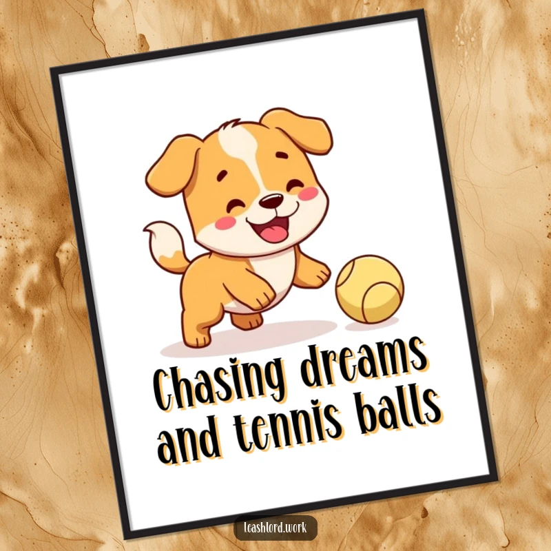 Free Printable Wall Art: A happy dog with a wagging tail mid-fetch, energetically chasing a ball.