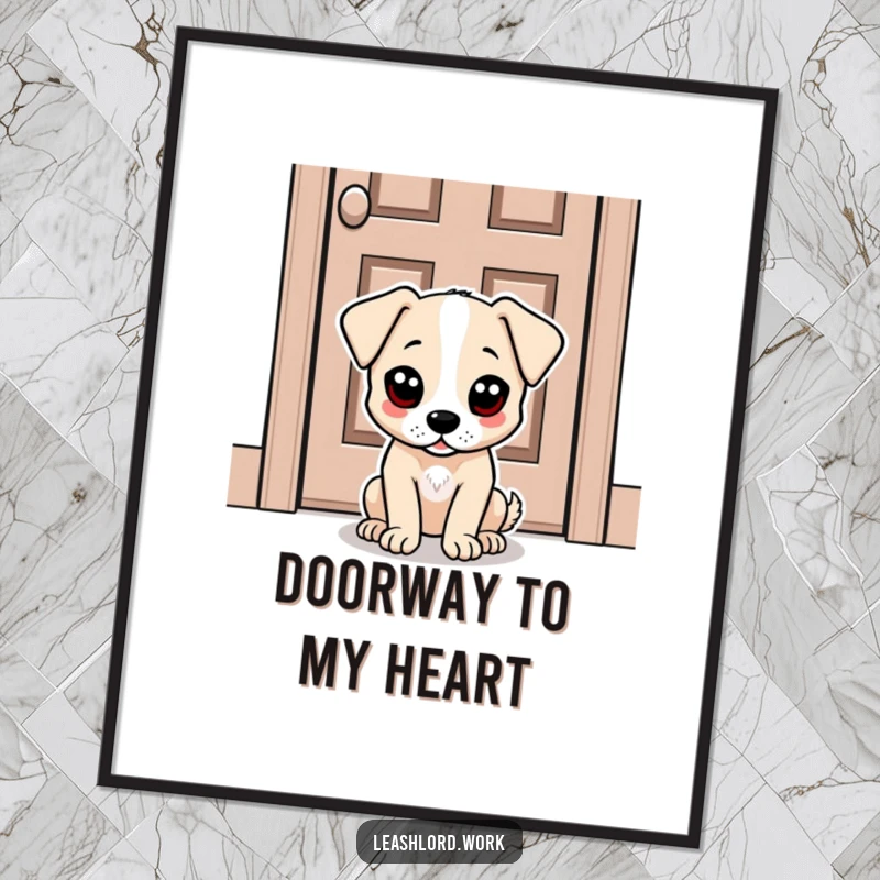 Funny Free Printable Wall Art: A charming dot-eyed dog sits patiently by a door, radiating hilarious anticipation. Downloadable art.