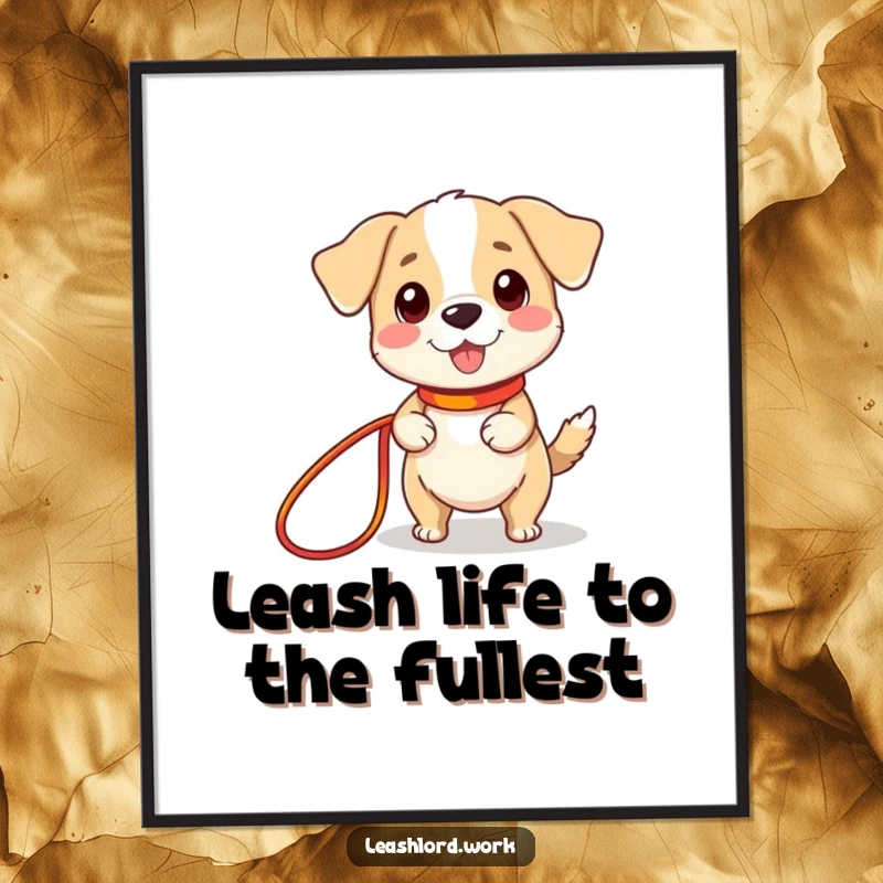 Funny Free Printable Wall Art of a charming dog with comically tiny legs, happily holding a long, colorful leash.