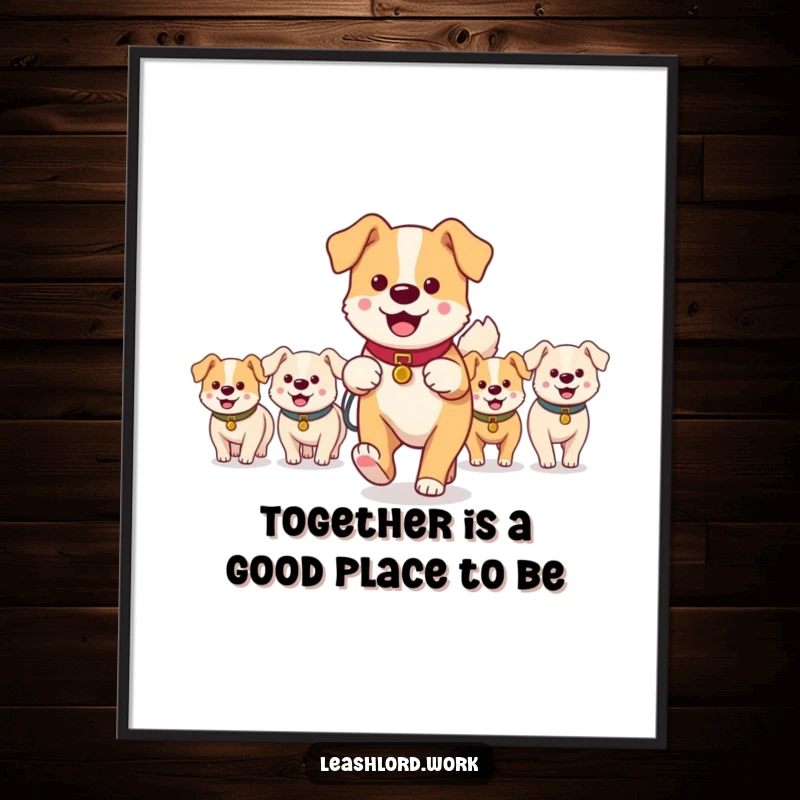 Funny Free Printable Wall Art of a dog walker leading a happy, bustling group of small, excited dog characters on an outing.