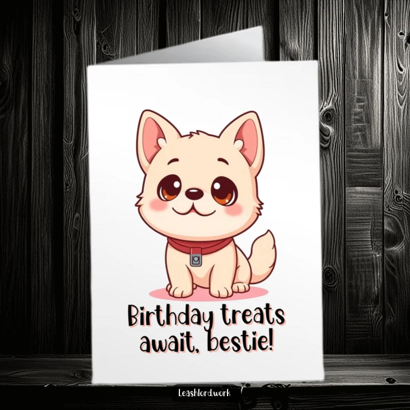 Free Printable Birthday Card: A cute dog with playful eyes looking up hopefully at a dangling leash.