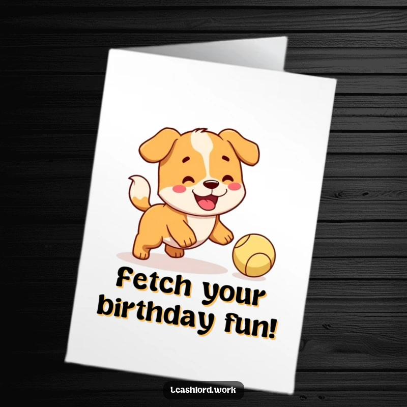 Free Printable Birthday Card: A happy dog with a wagging tail eagerly chasing after a ball.