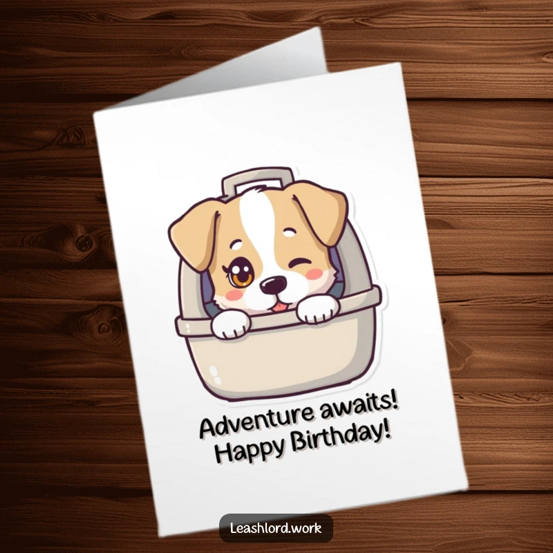 Funny Free Printable Birthday Card: Dog with a single twinkling eye peeks mischievously from a carrier, ready for fun. Downloadable.