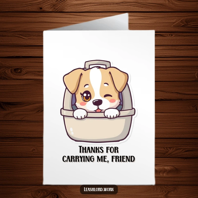 Funny Free Printable Thank You Card: A dog's single twinkling eye emerges from a carrier, sending thanks with a playful spirit. Downloadable.