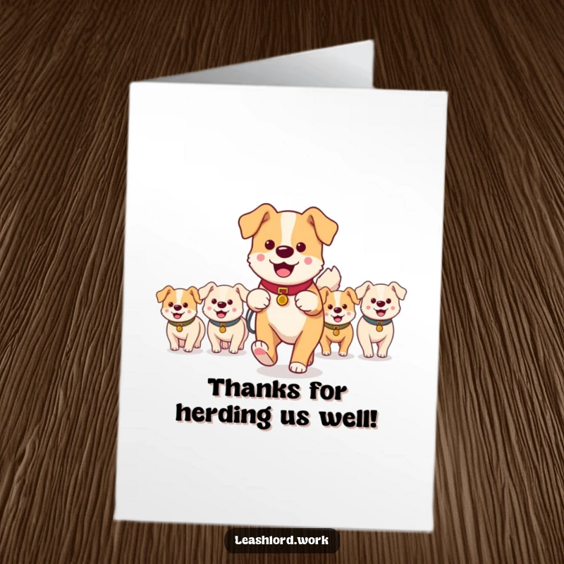 Funny Free Printable Thank You Card depicts a dog walker happily leading a small, enthusiastic pack of diverse dog characters.