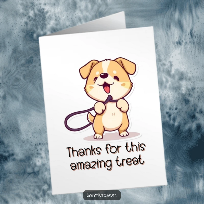 Funny Free Printable Thank You Card: A dog with energetic lines playfully tugging on a leash, ready for adventure.