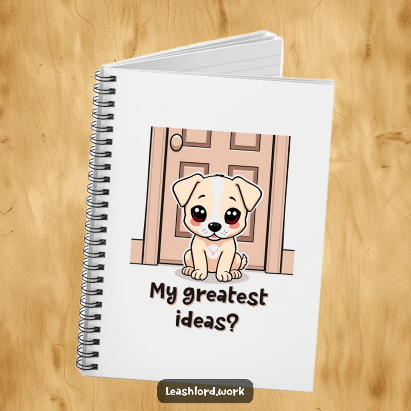 Funny notebook featuring a dog with large, expressive dot eyes sitting patiently by a door, ready for humorous notes.
