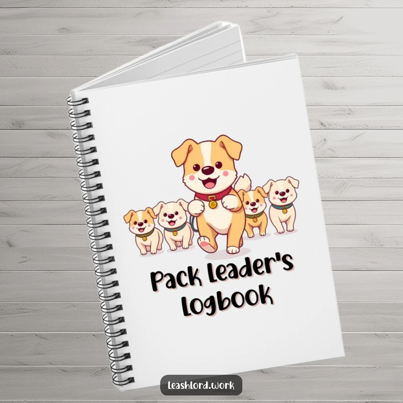 Funny notebook cover featuring a main dog walker leading a group of small, happy dog characters, perfect for jotting down funny pet stories.