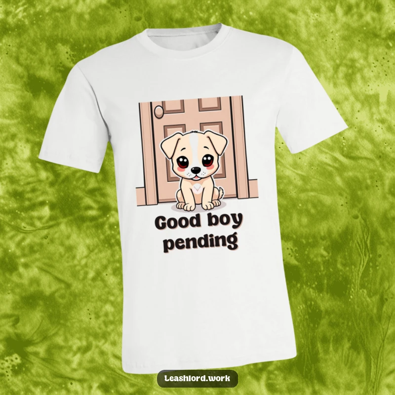 Funny T-shirt showcasing a dog with big, round dot eyes sitting patiently by a door, radiating humorous anticipation.