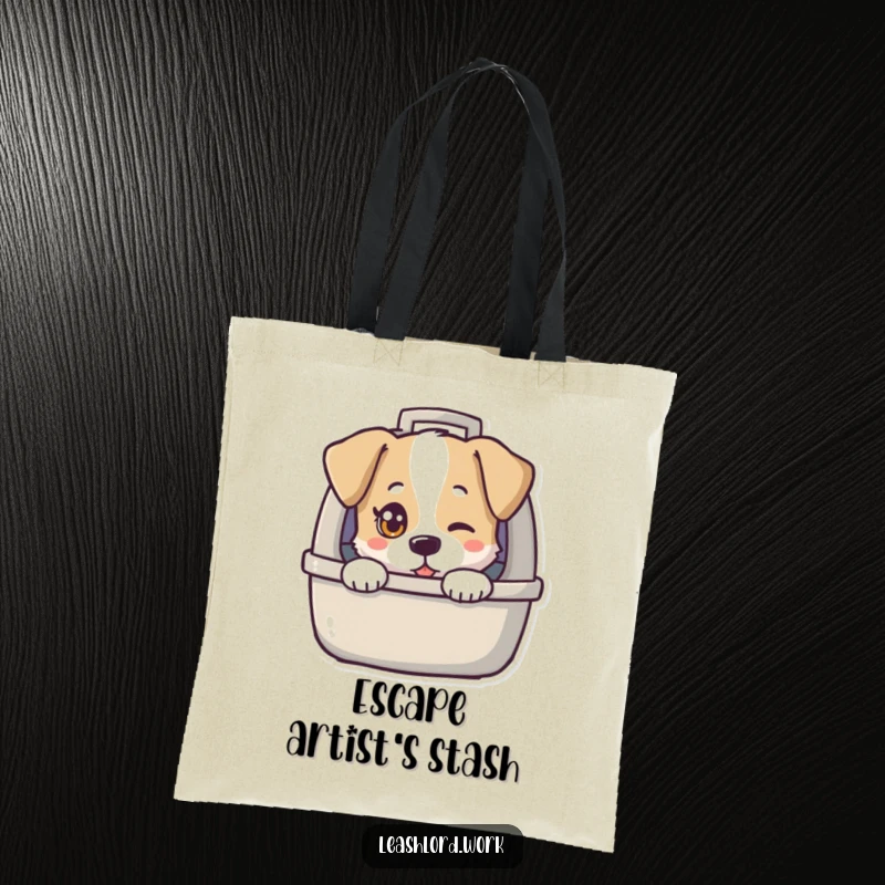 Funny tote bag showing a dog with a single twinkling eye peeking out from a dog carrier, perfect for humorous outings.