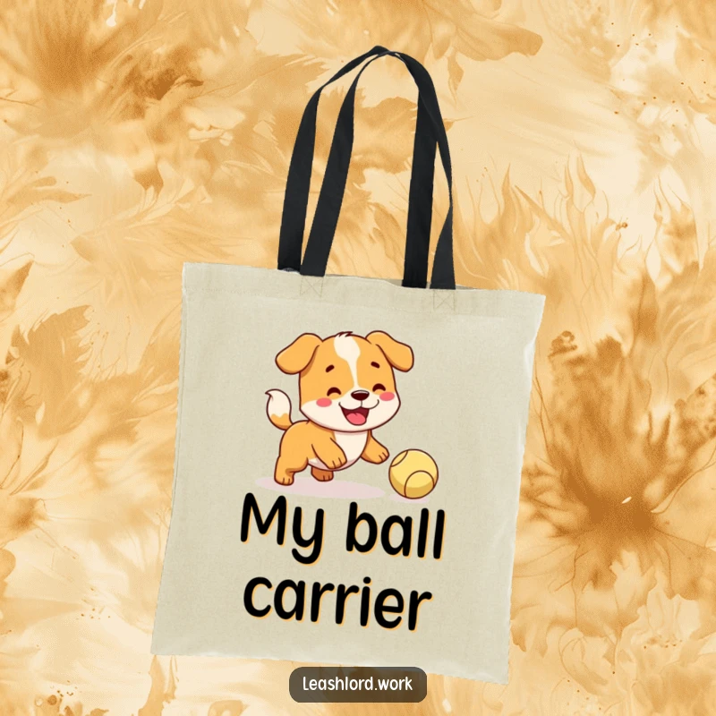 Funny Dog Tote Bag: A stylish tote featuring a happy dog with a wagging tail, intently trying to fetch a ball.